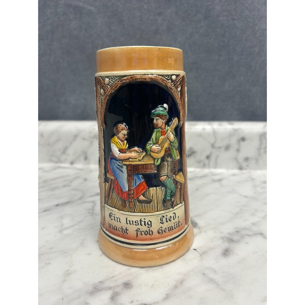 Vintage German Beer Stein Pewter Open Ein Lustig Lied Relief Made In Germany 7"